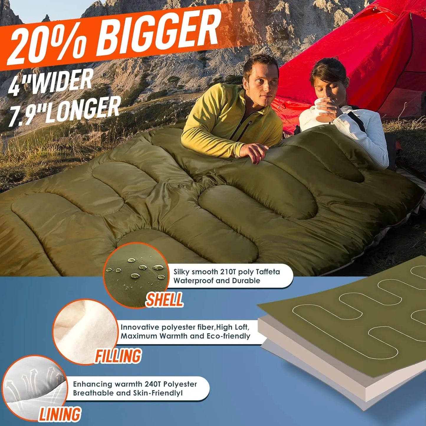 Double Camping Sleeping Bag Ultralight Waterproof 4 Season Warm Envelope Backpacking Sleeping Bags for Outdoor Traveling Hiking
