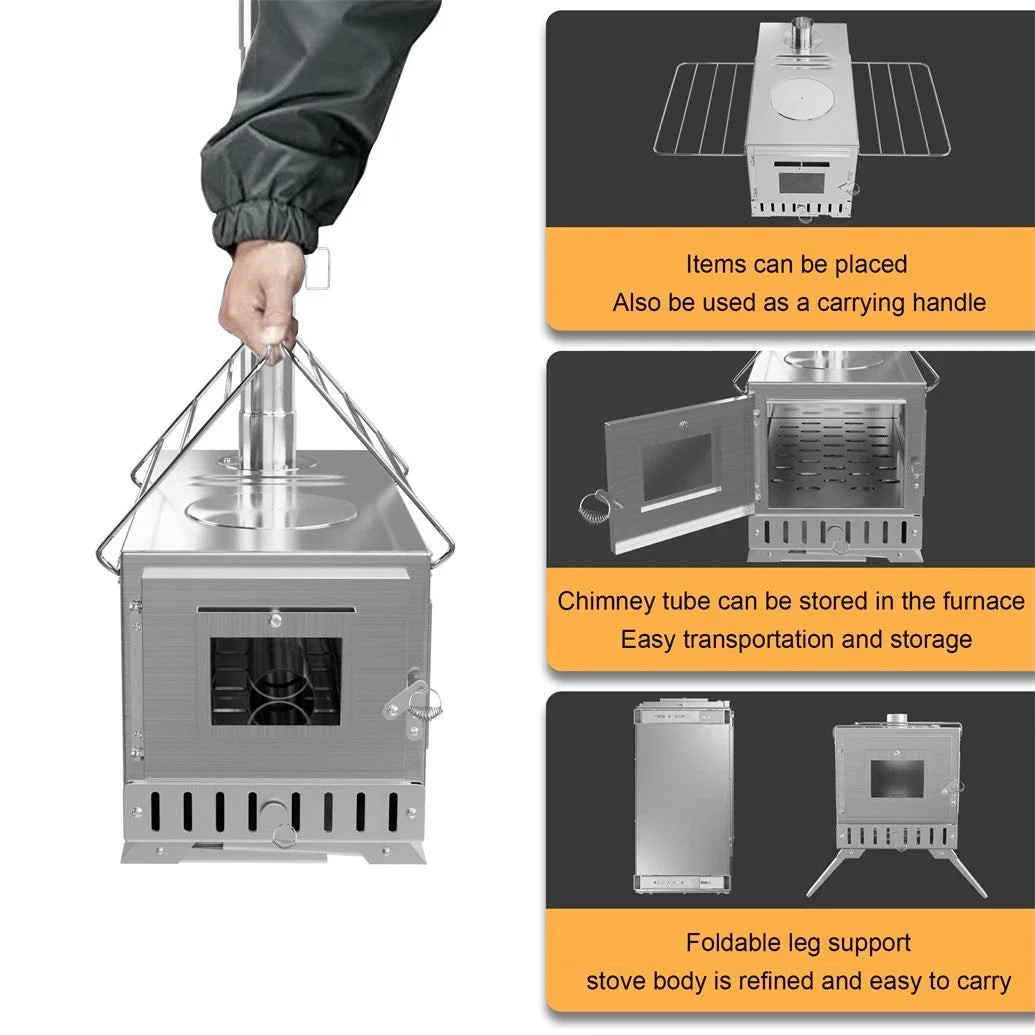 Portable Stainless Steel Wood Burning Tent Stove With Chimney Kit