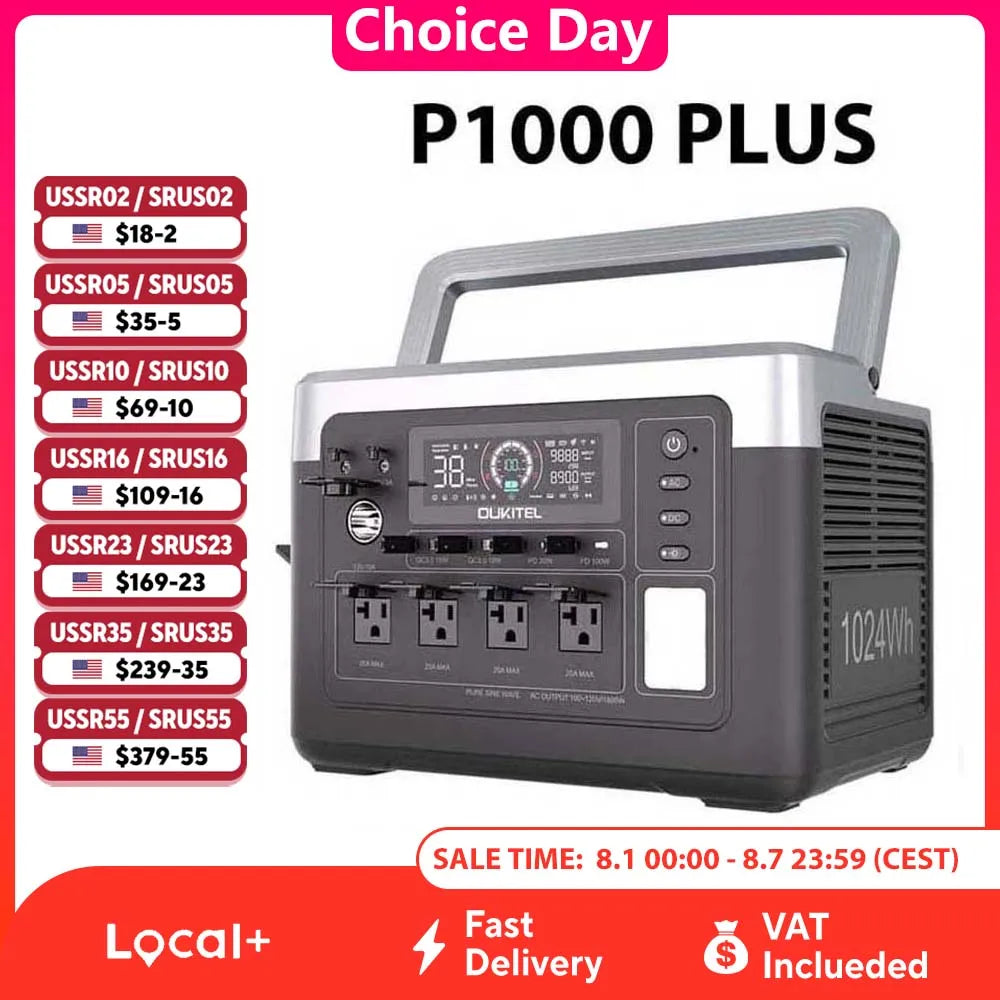Oukitel P1000 Plus 1800W Portable Power Station Featuring LiFePo4 Battery