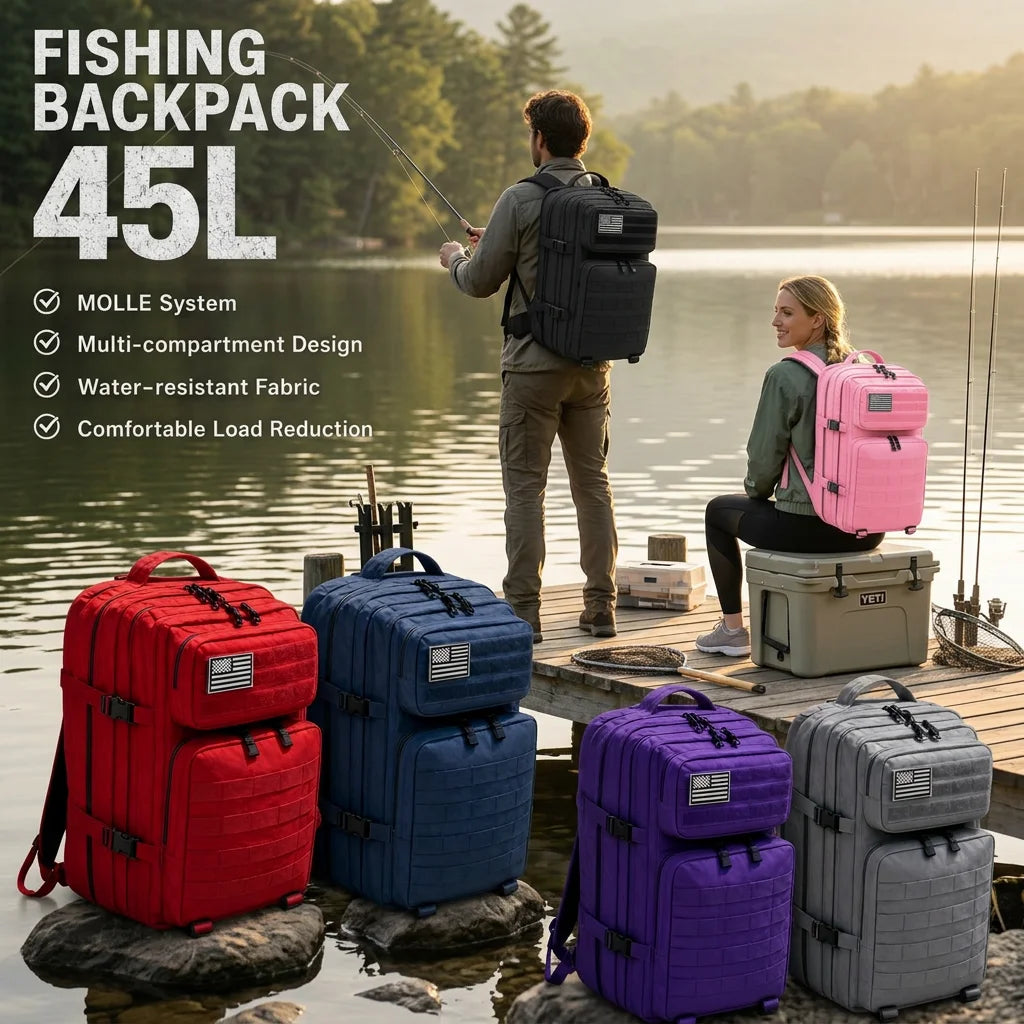 45L Tactical Fishing Tackle Backpack Molle Large Capacity Multi Pocket Storage Bag Durable Wear Resistant Outdoor Fishing Gear Bag Heavy Duty Rucksack For Men Angling Sea Fishing Bank Fishing Camping Hiking Daily Carry Luggag