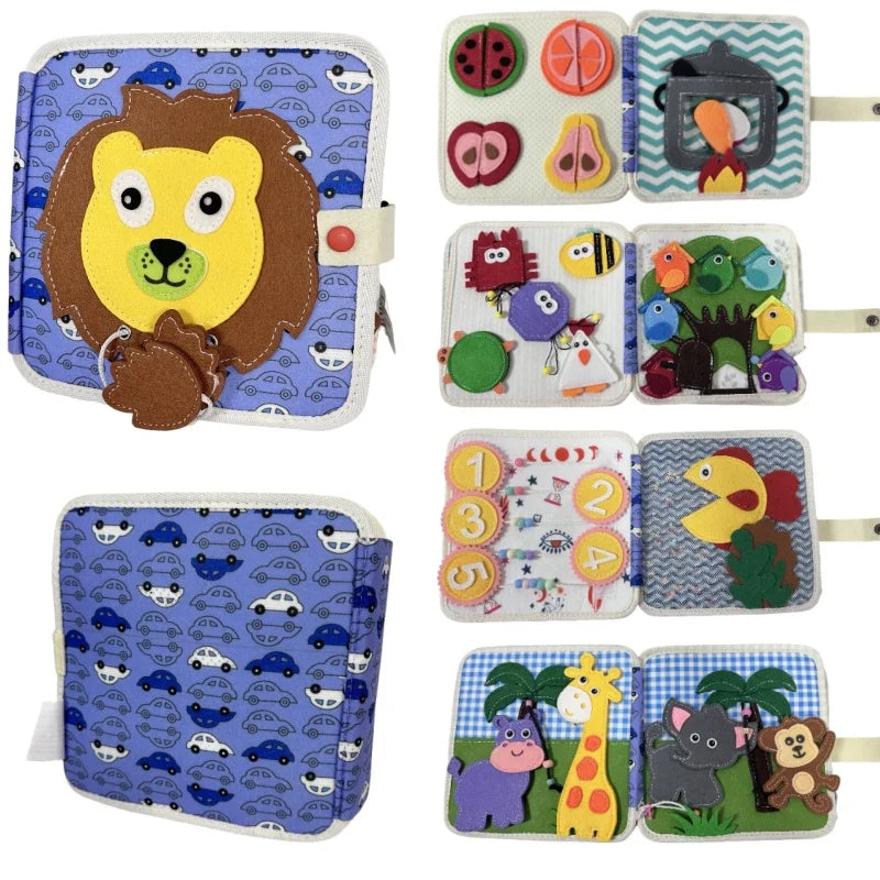 Lion Cover Felt Busy Book for Kids, Quiet Activity Book with Animal, Fruit & Number Matching Game, Portable Travel Sensory Toy, Hands-On Learning Puzzle Book to Develop Fine Motor Skills, Educational Gift for Toddlers