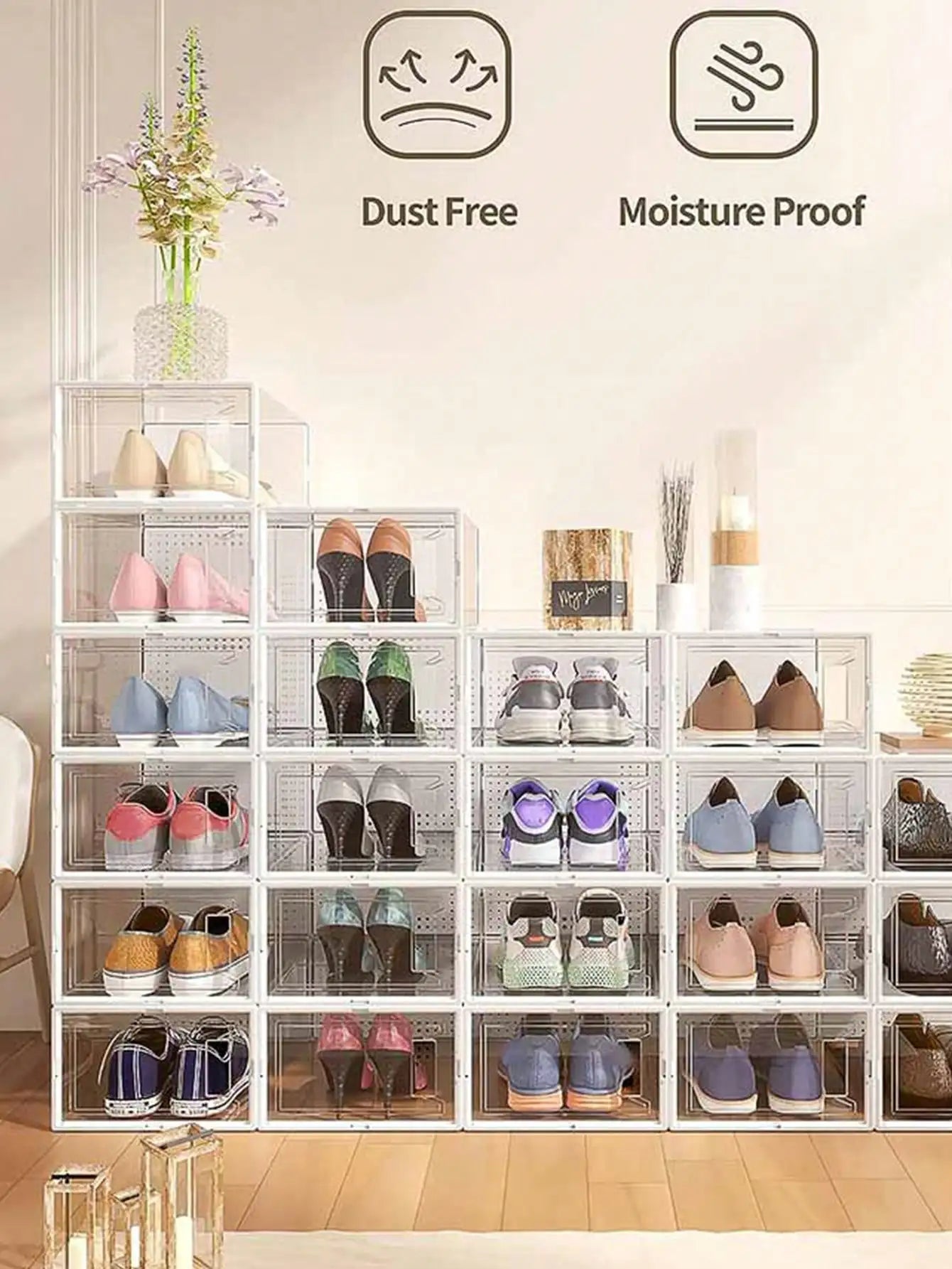 Stackable Plastic Shoe Storage Boxes With Secure Snap Lids