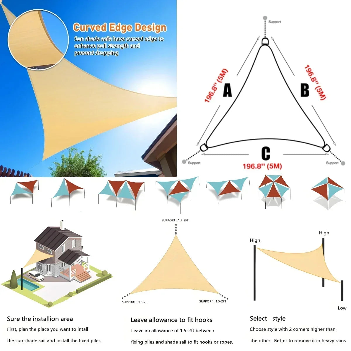 Triangle Sun Shade Sail Canopy UV Block Sunshade Sails Sunscreen for Outdoor Patio Garden Backyard Awning Sunsail with Free Rope