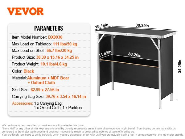 SucceBuy Folding Portable Bar Table With Storage Skirt Case