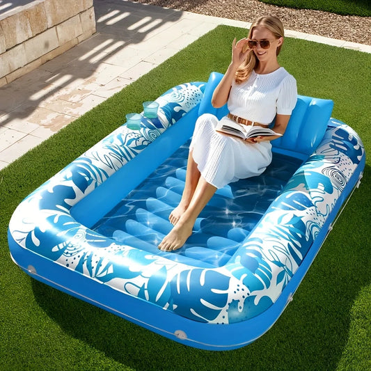 JOYFY 4 in 1 Suntan Tub Raft Floatie Inflatable Tanning Pool  70" x 46" Pool Floats Adult with Pillow for Water Party Gifts
