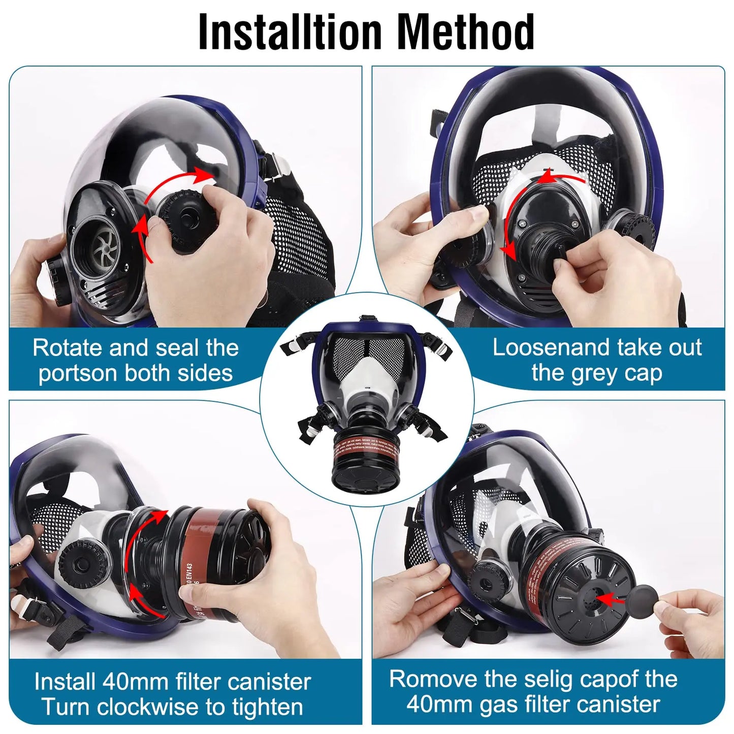 Full Face Respirator Gas Mask 40 mm Activated Carbon Filter Canister Suitable for Fumes Chemical, Spray Paint, Tactical-Survival