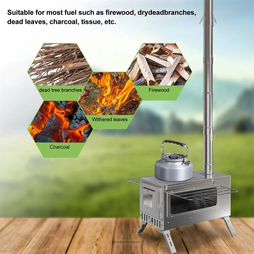 Portable Stainless Steel Wood Burning Tent Stove With Chimney Kit