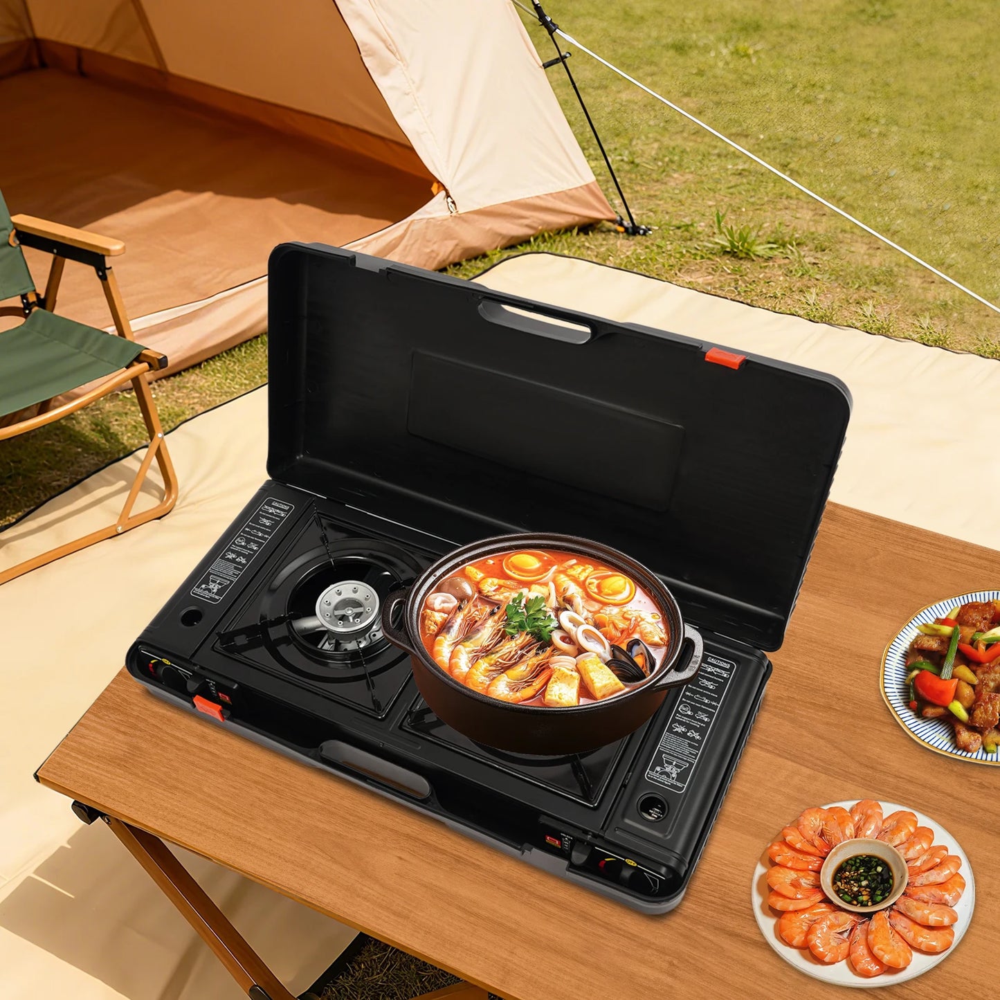2 Burners Portable Gas Stove with Piezo Ignition and Carrying Case 2x2500W High Power LPG/Butane for Camping Picnics Parties
