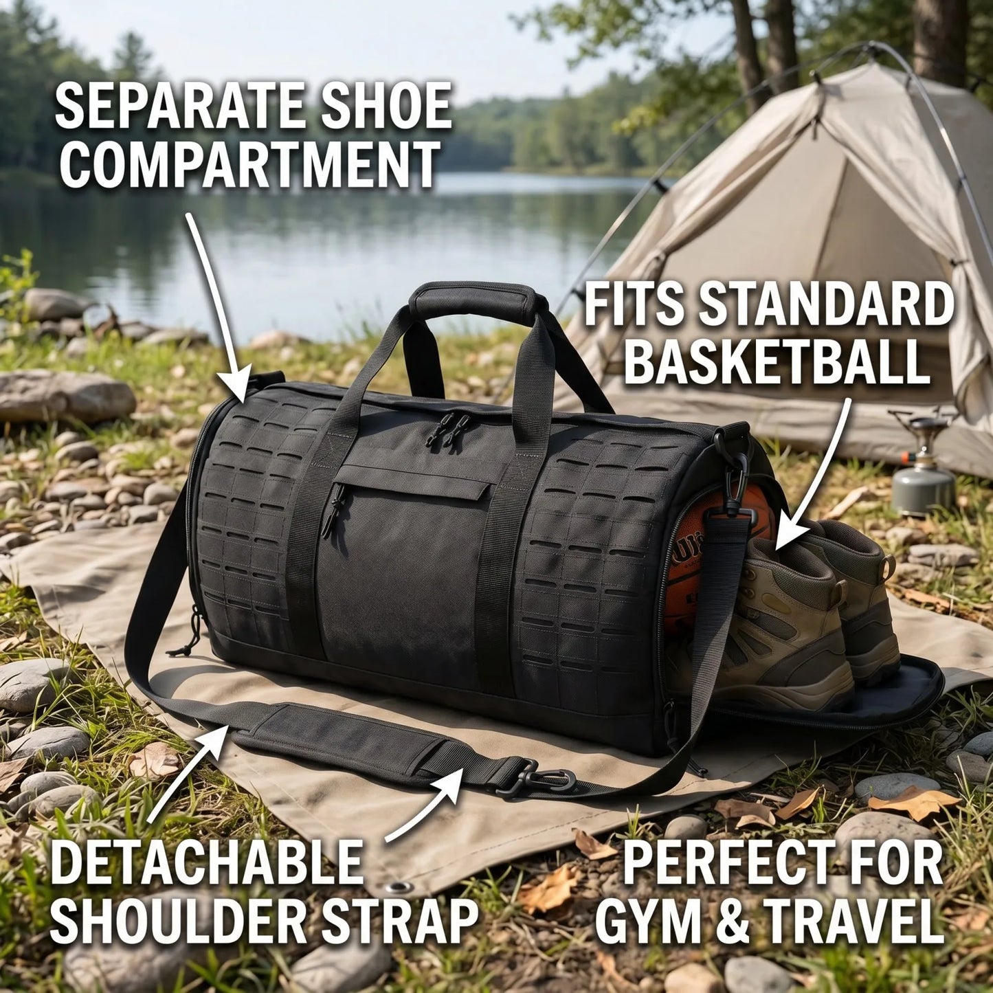 40L Large Tactical Travel Duffle Bag Multi Purpose Weekender Bag With Separate Shoe Compartment Carry On Hand Shoulder Crossbody Bag For Travel Camping Workout Climbing Outdoor Sports Gear Storage Bag