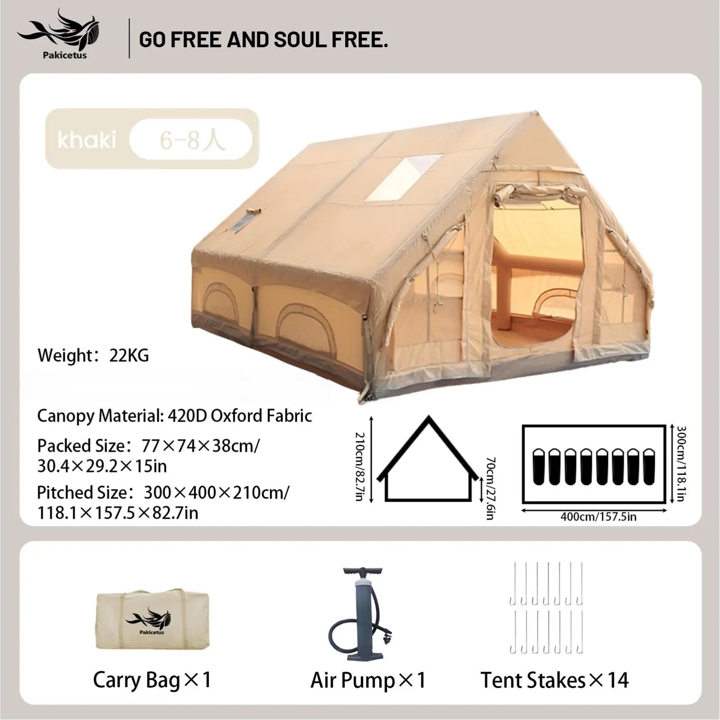 Pakicetus Quick Setup Inflatable Camping Tent, Waterproof Family Tent for 4-8 Persons, Portable Air Tent with Carry Bag