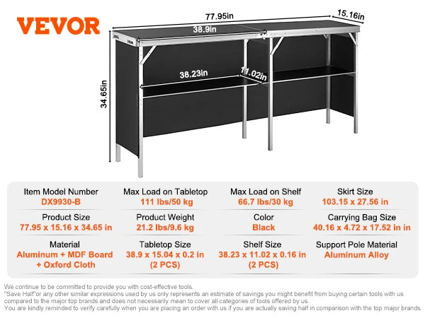 SucceBuy Folding Portable Bar Table With Storage Skirt Case