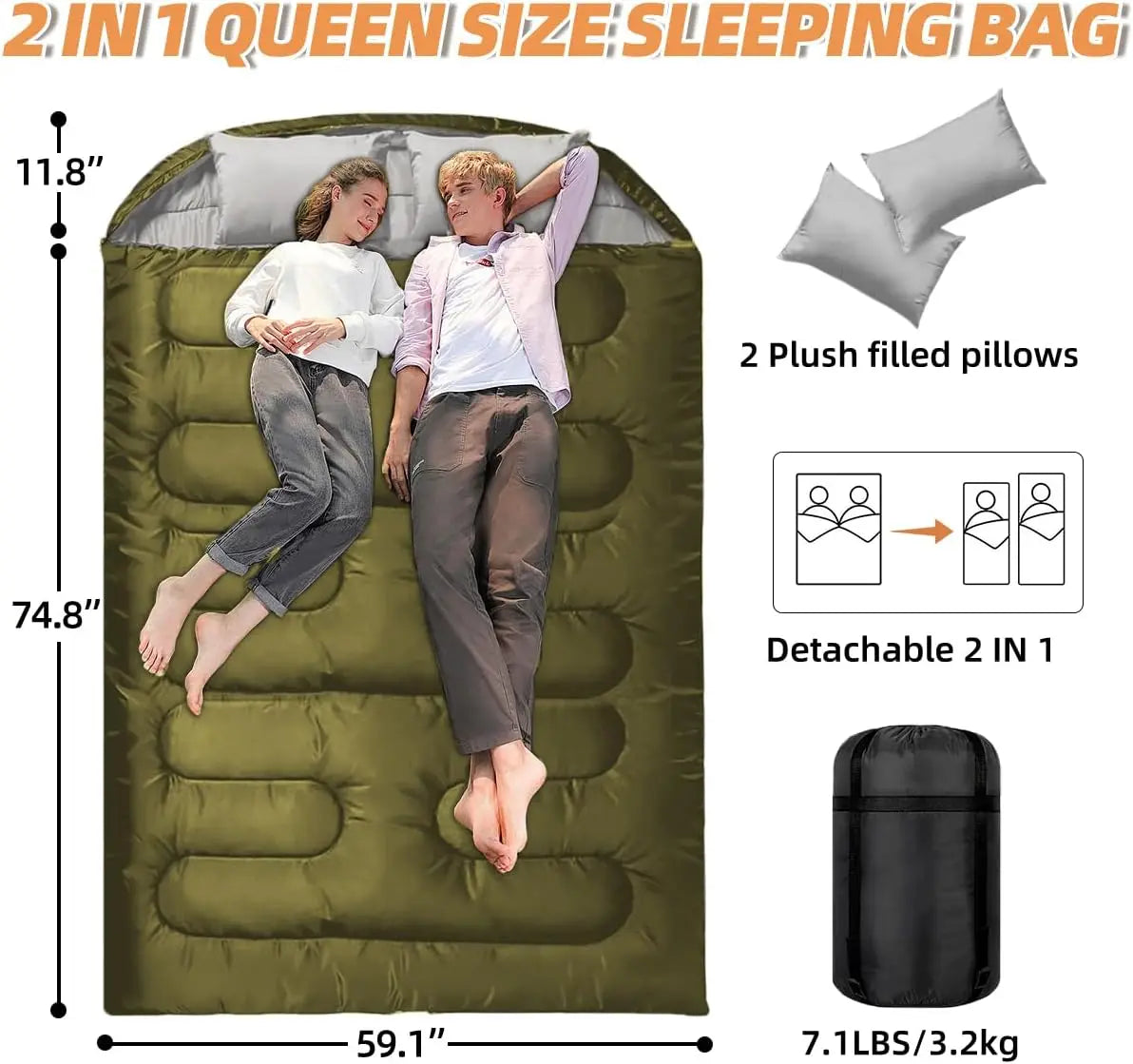 Double Camping Sleeping Bag Ultralight Waterproof 4 Season Warm Envelope Backpacking Sleeping Bags for Outdoor Traveling Hiking