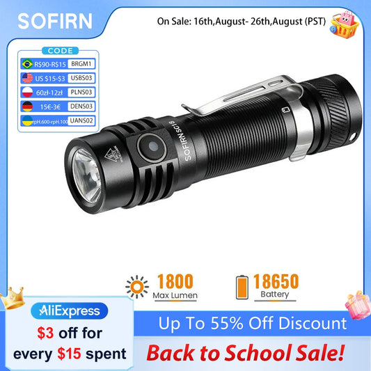 SOFIRN SC18 1800lm SST40 LED 18650 Torch TIR Optics Lens EDC Flashlight USB C Rechargeable Lantern