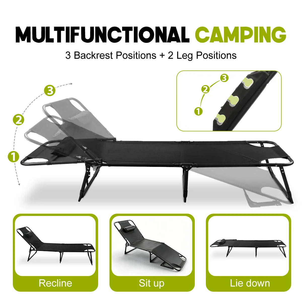 56cm Adjustable Folding Camping Lounge Chair with Removable Soft Cushion, 3 Position Reclining Portable Beach Tanning Chair, Heavy Duty 330 LBS Fold Up Outdoor Chaise Lounge for Pool Patio Office Napping Indoor & Backyard