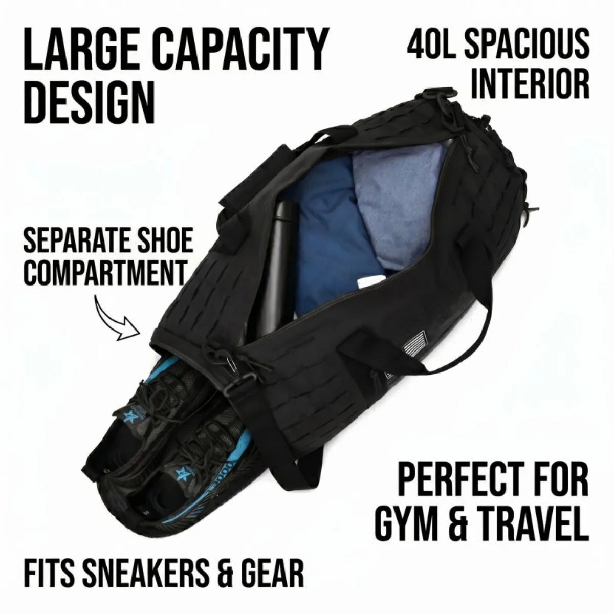 40L Large Tactical Travel Duffle Bag Multi Purpose Weekender Bag With Separate Shoe Compartment Carry On Hand Shoulder Crossbody Bag For Travel Camping Workout Climbing Outdoor Sports Gear Storage Bag