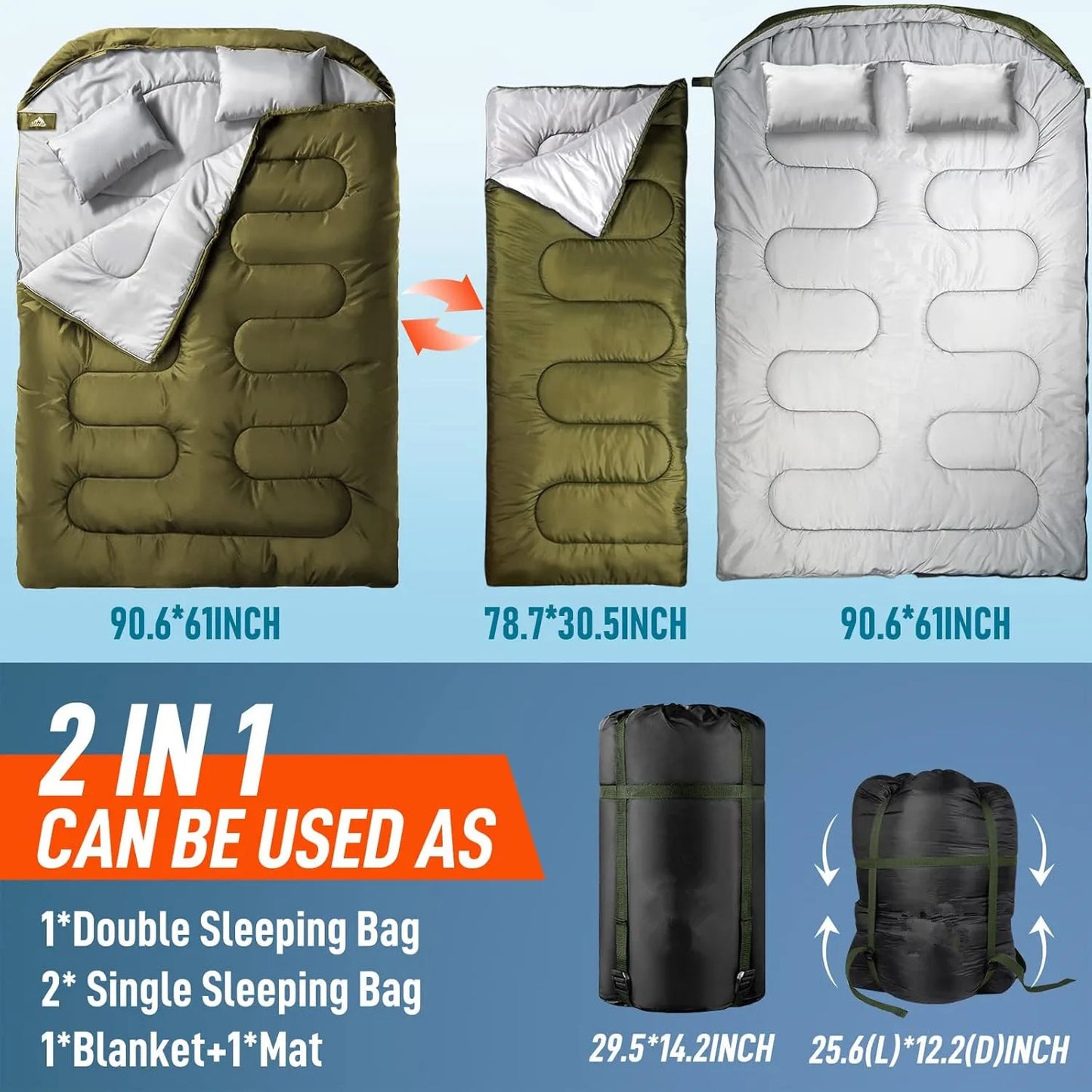 Double Camping Sleeping Bag Ultralight Waterproof 4 Season Warm Envelope Backpacking Sleeping Bags for Outdoor Traveling Hiking